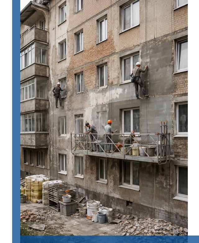 Капитальный ремонт фасада в Лангепасе с восстановлением и гидроизоляцией