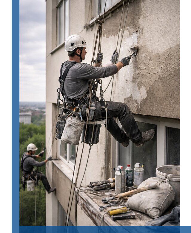 Косметический ремонт фасада зданий в Лангепасе промышленными альпинистами