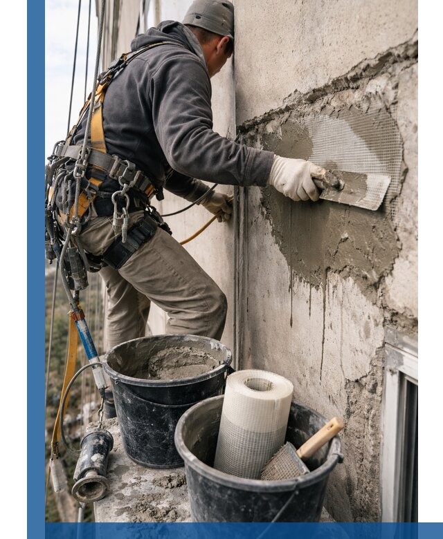 Ремонт бетонных элементов фасада промышленными альпинистами в Лангепасе