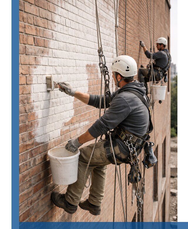 Покраска кирпичного фасада с доступным альпинистским сервисом в Лангепасе