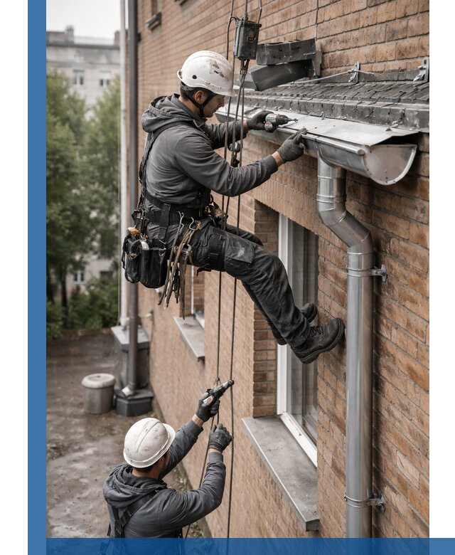 Монтаж водосточной системы на здании в Лангепасе под ключ