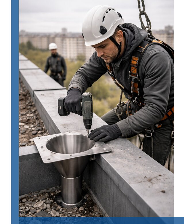 Монтаж водосточных воронок в Лангепасе для промышленных зданий