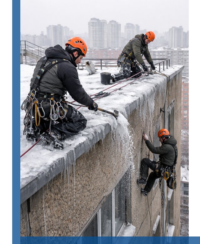 Удаление наледи с кровли в Лангепасе промышленными альпинистами