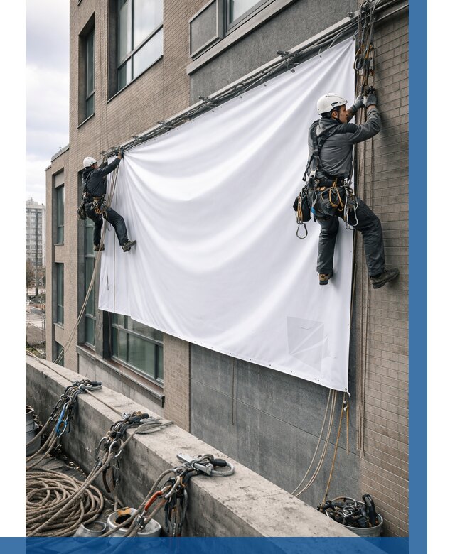 Монтаж баннеров на фасаде в Лангепасе от 657 р. заказать ВЫСОТНИК-Лнг