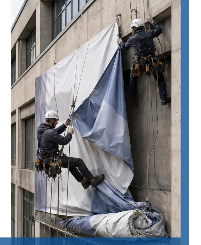 Демонтаж баннеров с фасада в Лангепасе от 4545 р. | ВЫСОТНИК-Лнг