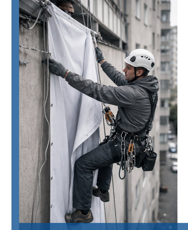 Замена баннерного полотна промышленными альпинистами в Лангепасе