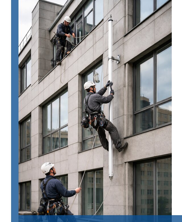 Монтаж флагштока на фасаде здания с креплением и герметикой в Лангепасе
