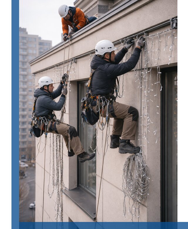 Монтаж праздничных гирлянд на фасаде в Лангепасе для зданий