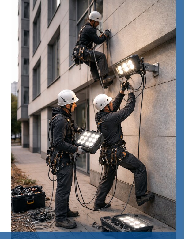 Монтаж прожекторов на фасаде в Лангепасе от 7575 р. | ВЫСОТНИК-Лнг