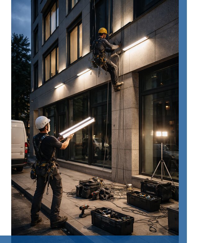 Монтаж архитектурной подсветки здания в Лангепасе от 2525 р.|ВЫСОТНИК-Лнг