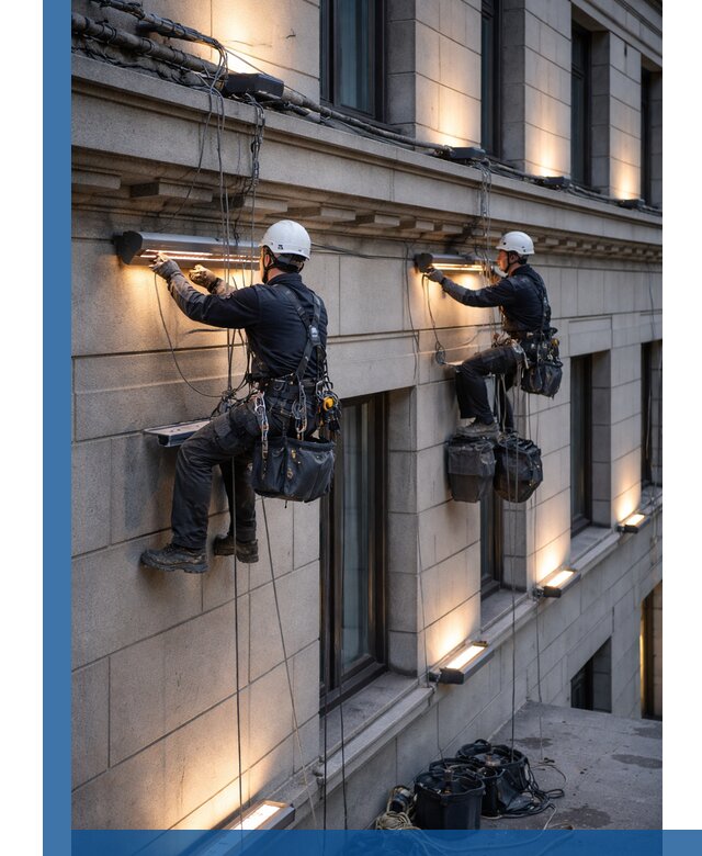 Монтаж архитектурной подсветки фасадов зданий в Лангепасе