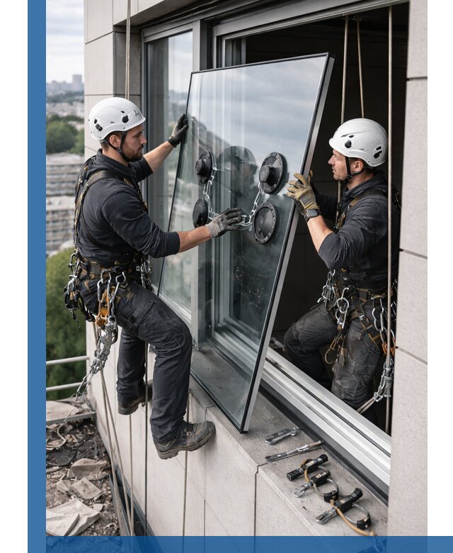 Замена стеклопакетов на высоте с промышленными альпинистами в Лангепасе