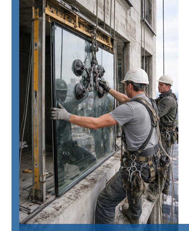 Монтаж стеклопакетов на высоте в Лангепасе с промышленным альпинизмом