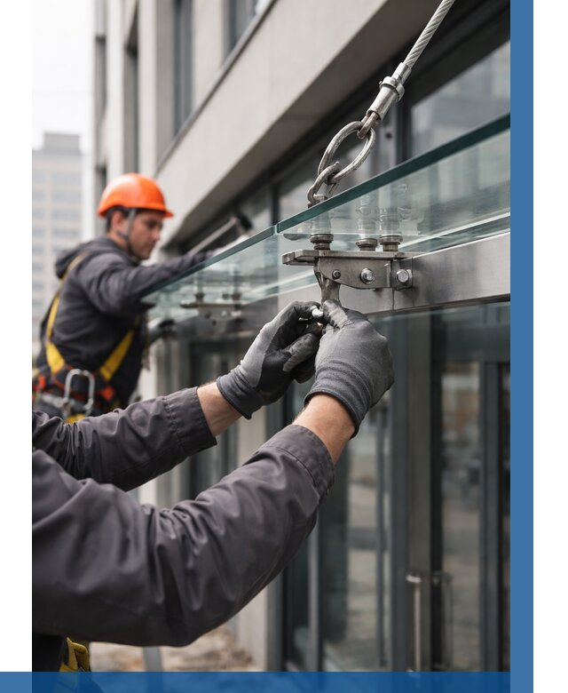 Монтаж стеклянных козырьков в Лангепасе от 8585 р. | ВЫСОТНИК-Лнг