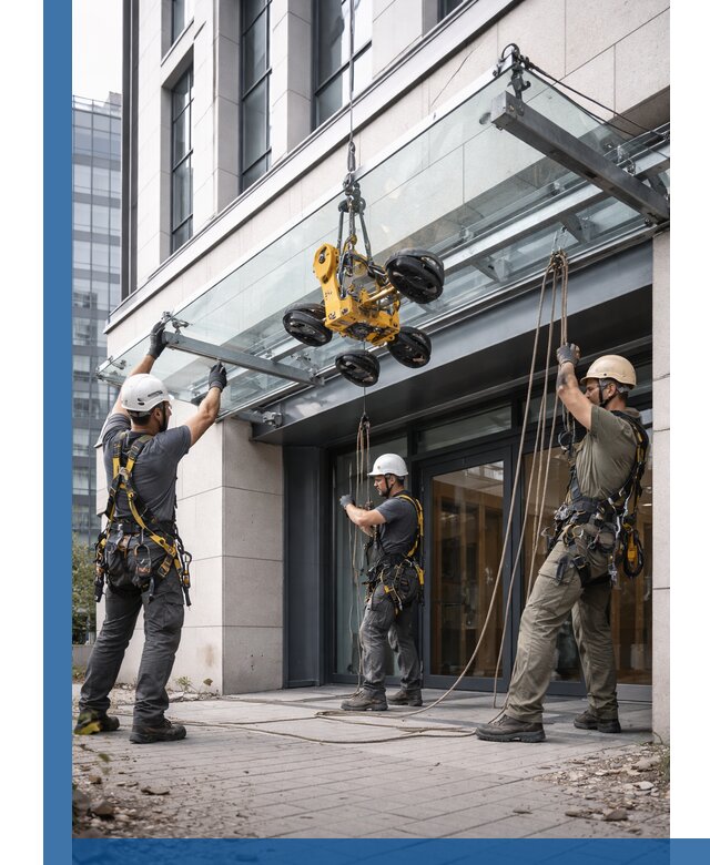 Монтаж стеклянных козырьков под ключ в Лангепасе для зданий