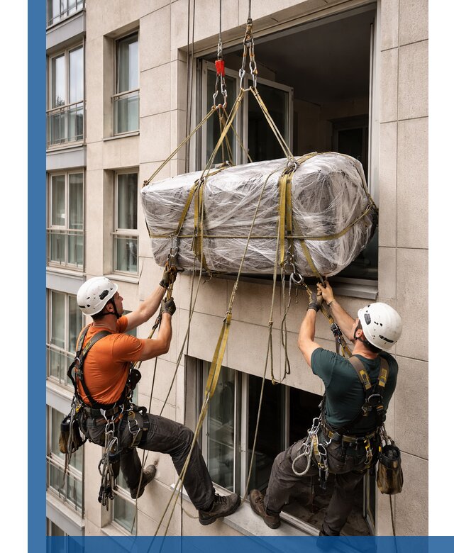 Подъем грузов через окно в Лангепасе промышленными альпинистами