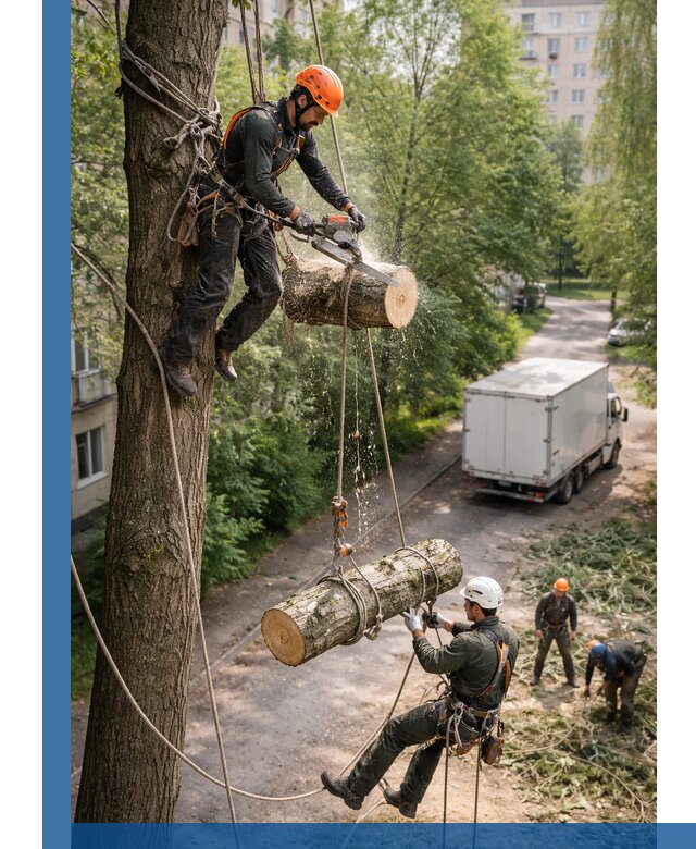 Спил деревьев альпинистами в Лангепасе, безопасно и без повреждений