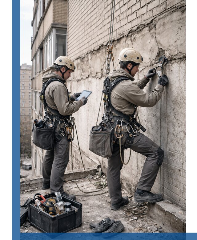 Обследование фасада промышленными альпинистами в Лангепасе